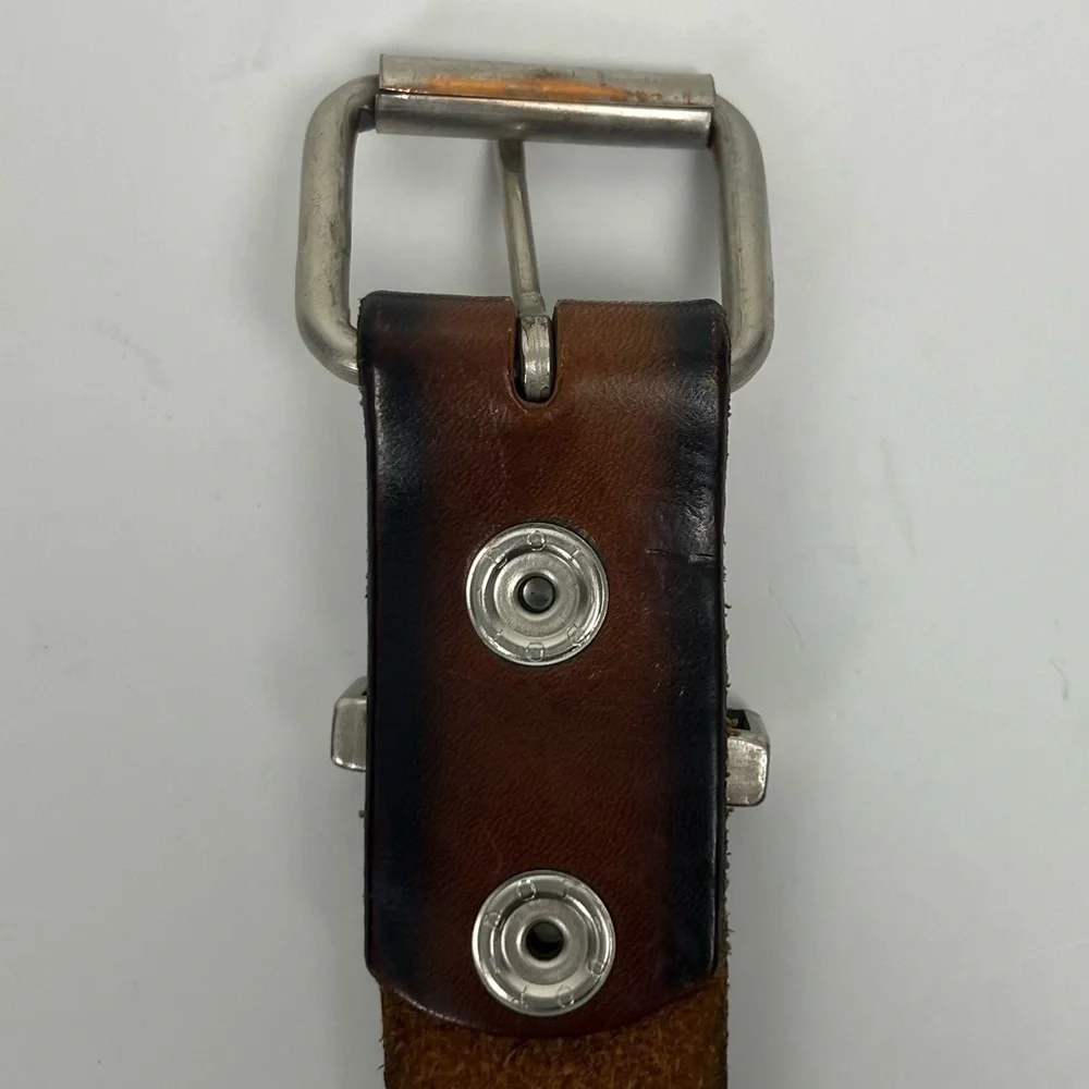 Brown tooled leather belt, unisex, approximately 34” see measurements in photos.